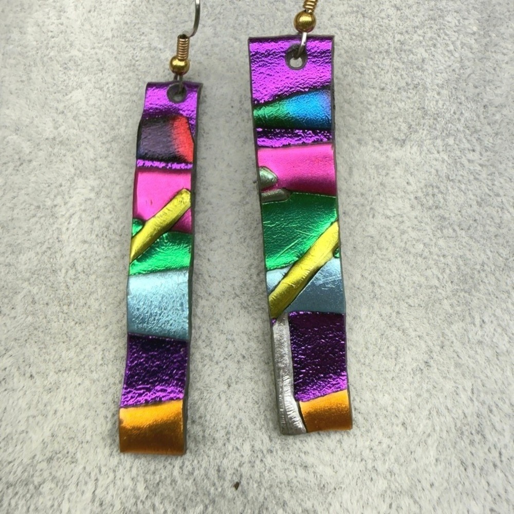 Vintage Iridescent Dichroic Acrylic Earrings Handmade Abstract Multicolor Artsy